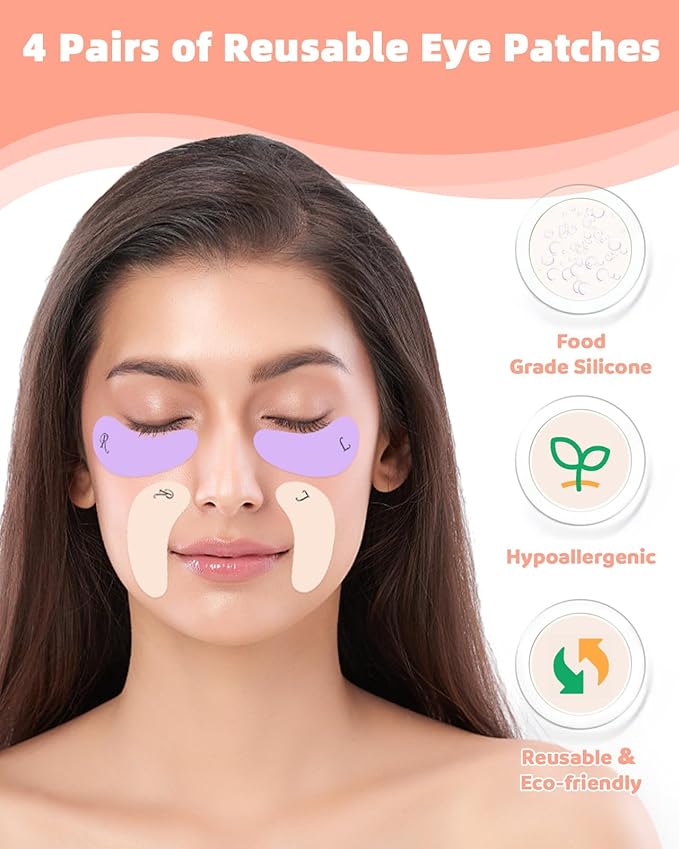 4 Pairs Reusable Under Eye Wrinkle Patches Silicone Mask, Plump Fine Lines & Wrinkles, with Metal Eye Cream Applicator, Tin Case, Cream&Purple