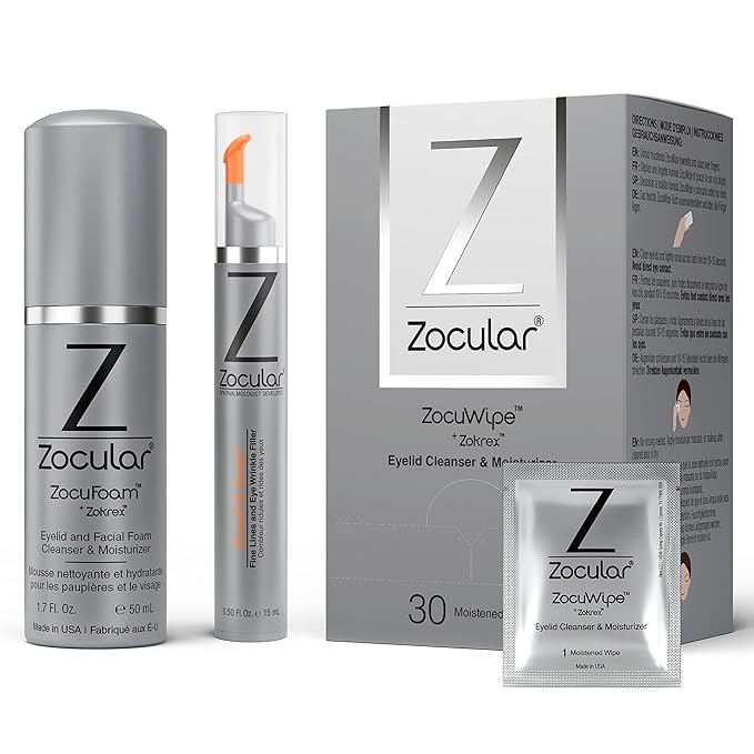 Zocuwipe Eyelid Wipes Eyelid Cleanser and Moisturizer Pads 30ct + Zocufill Elixir Eye Gel and Face Serum + Zocufoam Cleanser Bundle